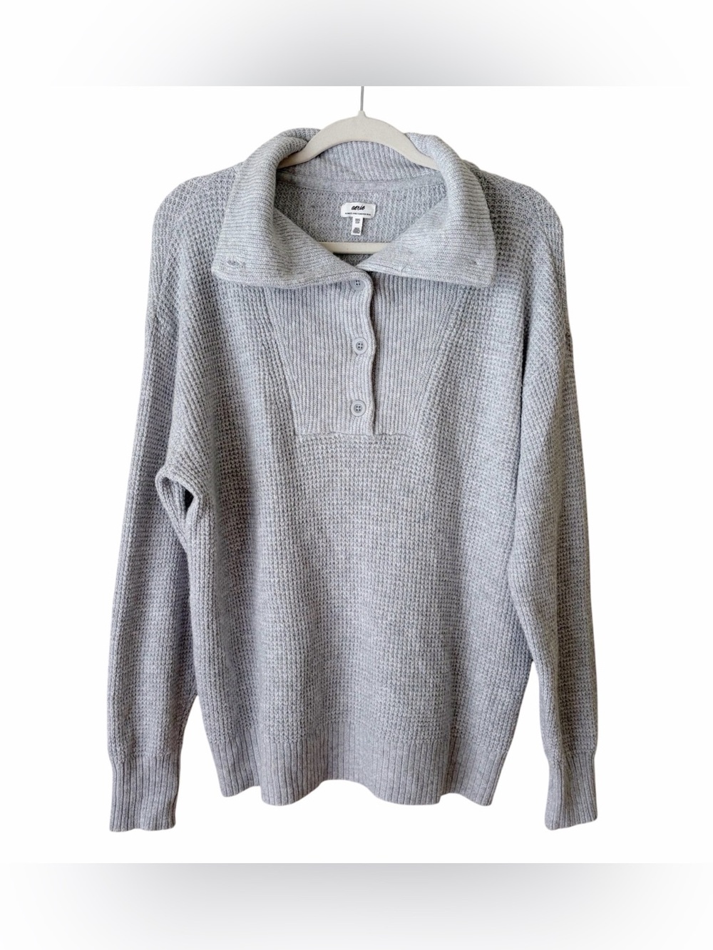 Aerie | CozyUp Waffle Knit Oversized Sweatshirt Snap Button Neck Light Gray XXS